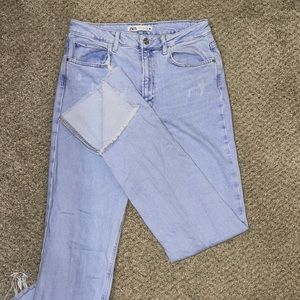Zara Light Wash Split Flare Denim